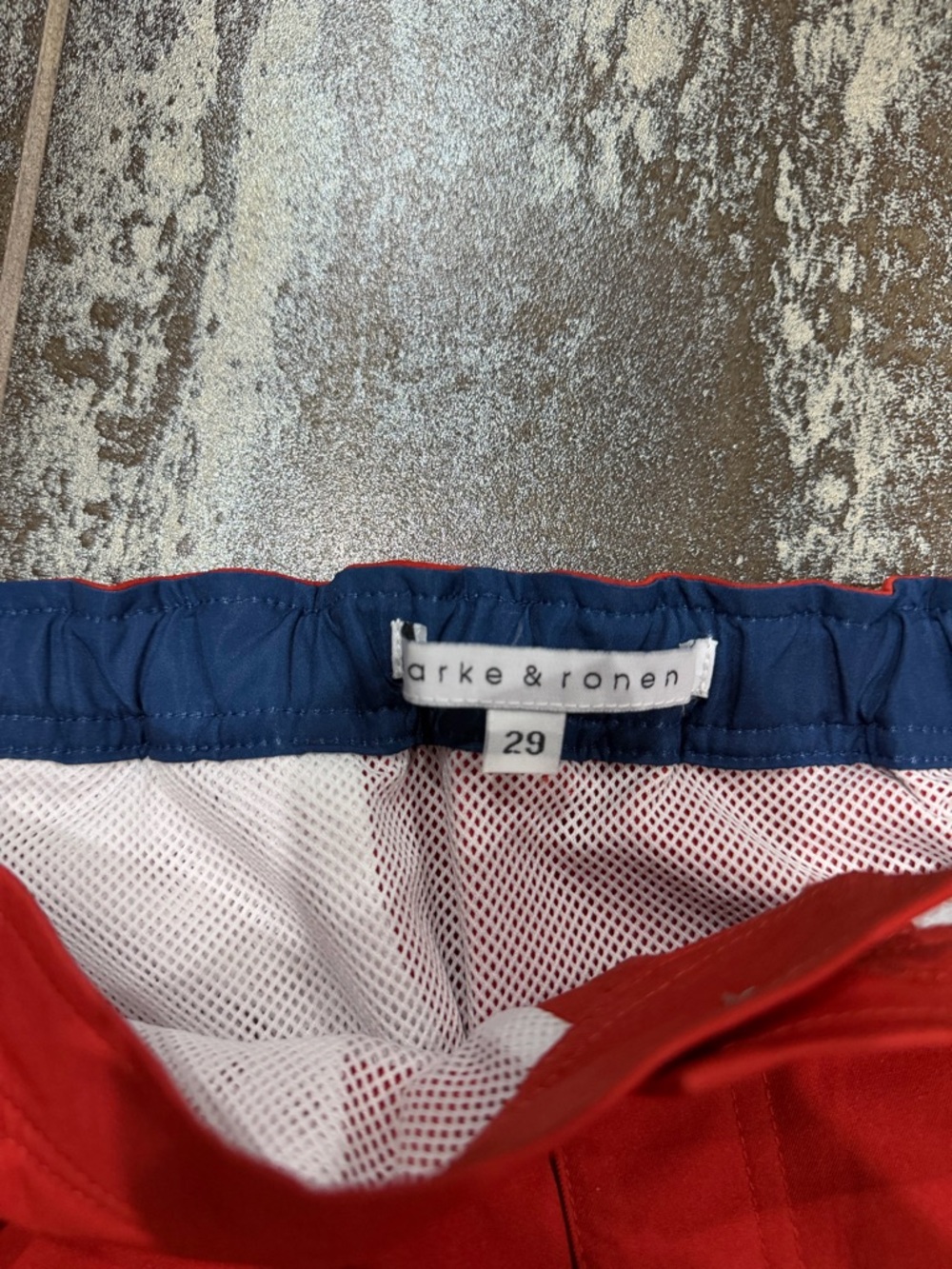 Parke & Ronen Red Swim Trunks with Navy Accents - Picture 4 of 4